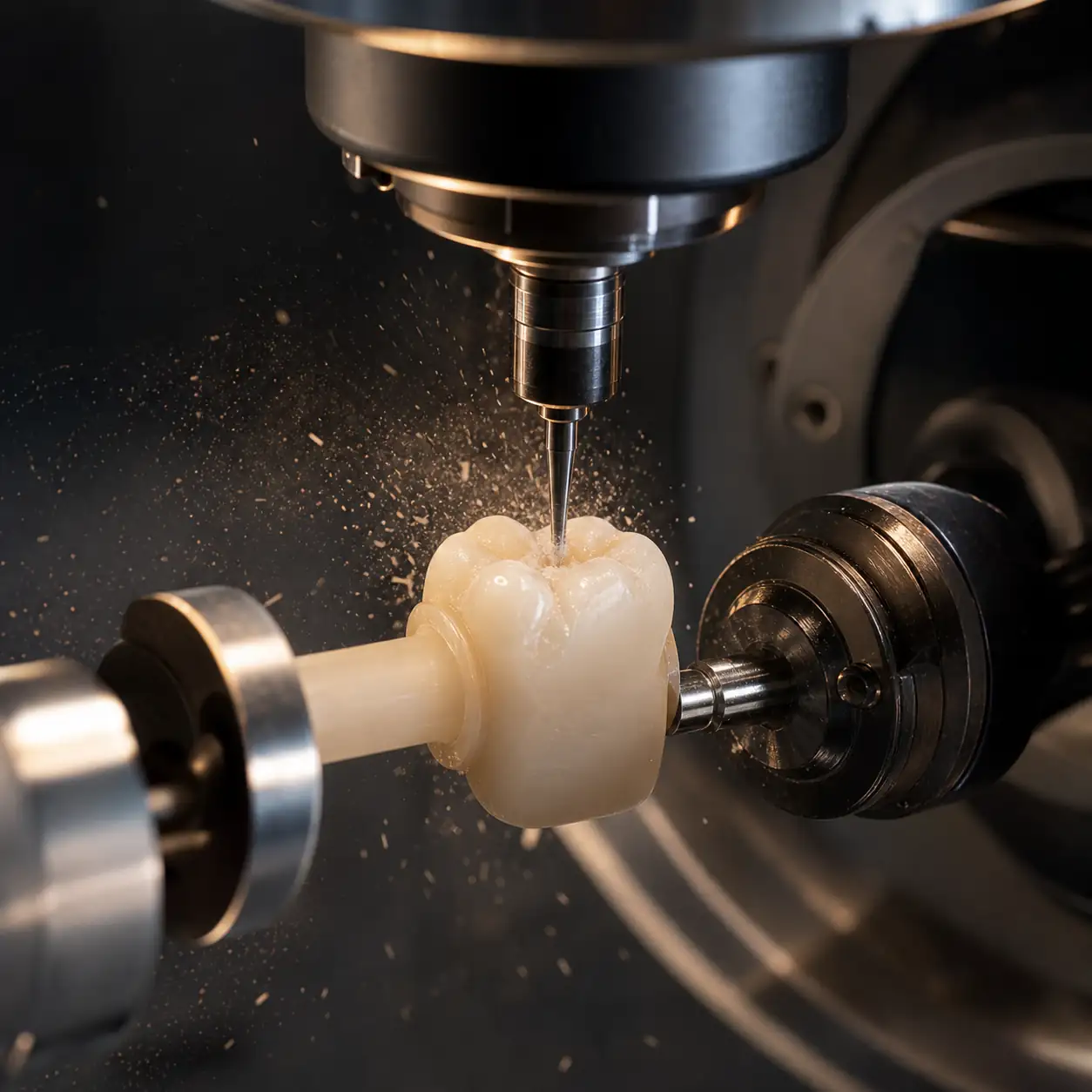 เครื่อง CAD CAM กำลังกัดครอบฟันพอร์ซเลน